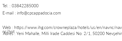 Crowne Plaza Cappadocia telefon numaralar, faks, e-mail, posta adresi ve iletiim bilgileri